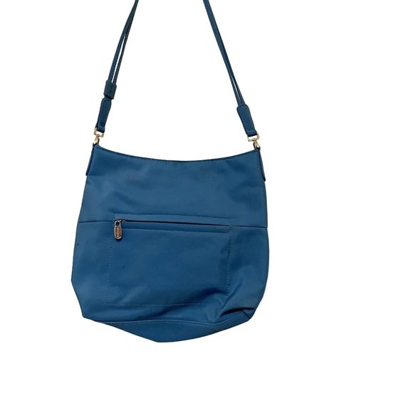 Womens Turquoise Blue Zip Closure Multi Pouch Pocket Adjustable Strap Bag Purse - Picture 1 of 10